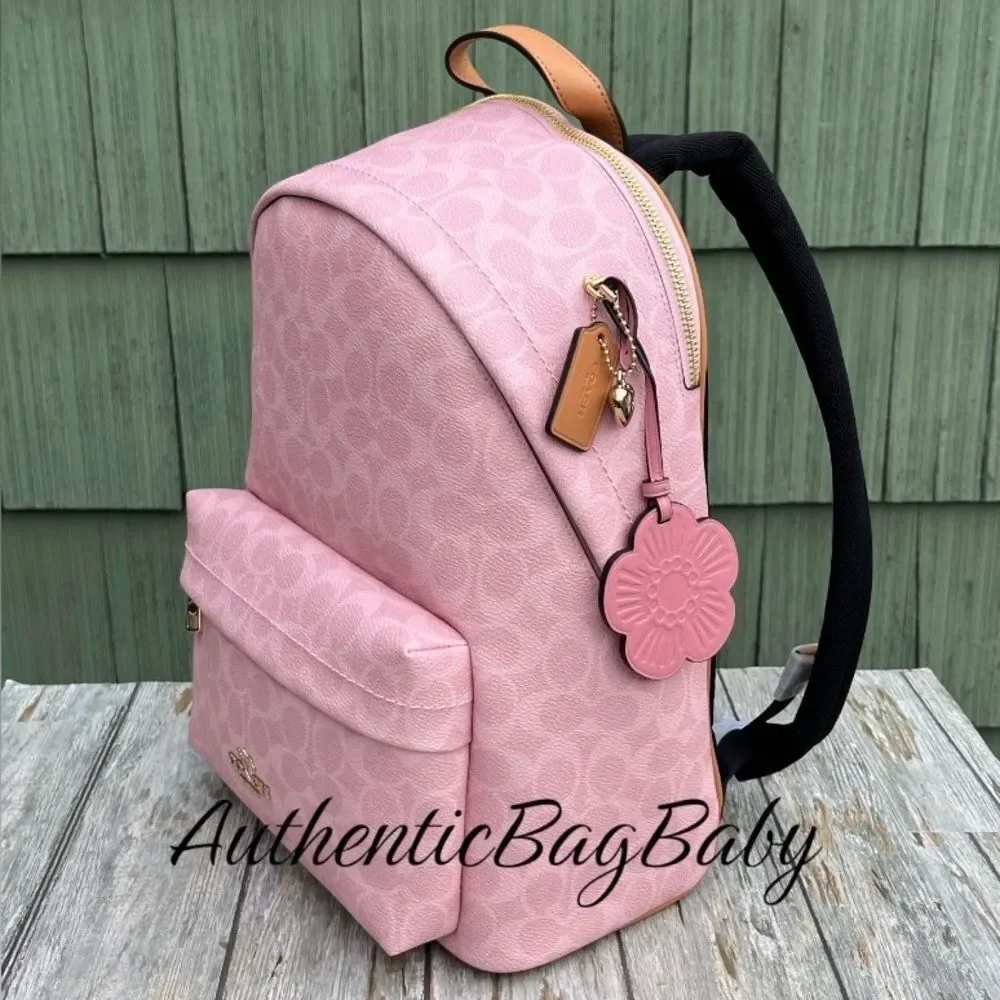 Coach Taylor Small Backpack In Signature Canvas With Charms Bag Powder Pink